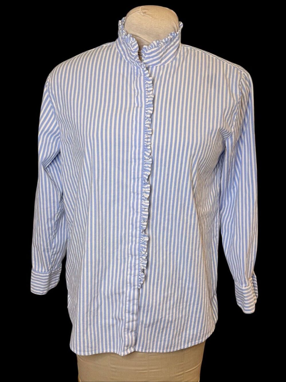 Crown & Ivy Striped Blouse Ruffle Button Front Stand Up Collar Small Preppy Clas - Picture 2 of 10